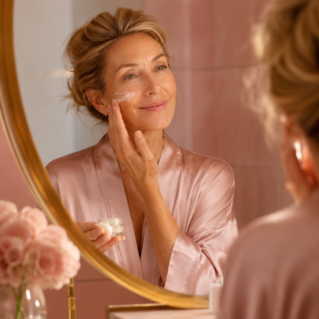 Mujer de 50 años aplicándose crema facial frente a un espejo, rutina de cuidado de la piel y autocuidado