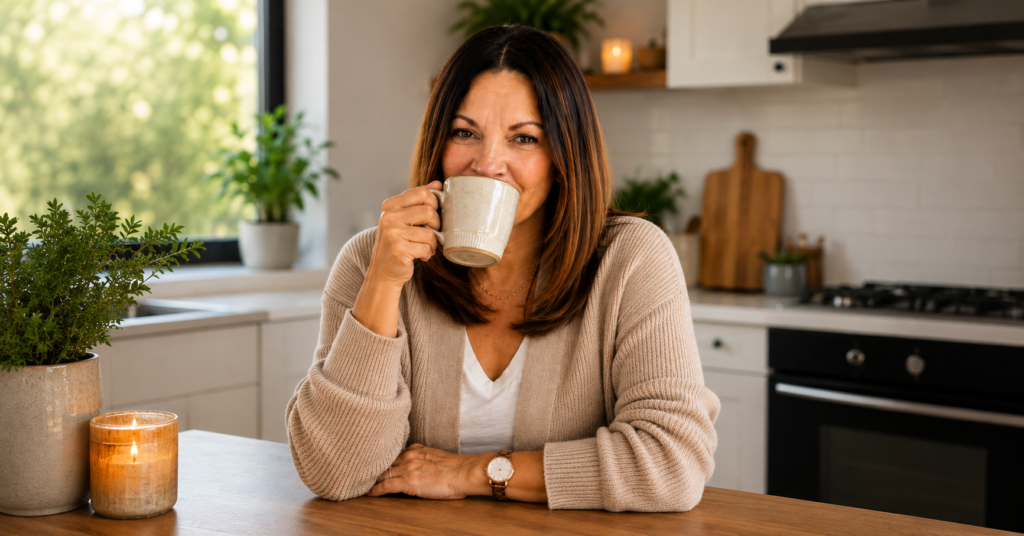 Milly-q-drinking-coffee-in-kitchen
