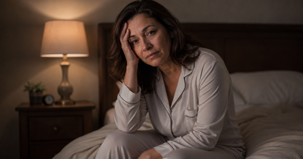 El Cortisol Después de los 50: Lo Que Investigué (Y Por Qué Estos Productos Me Llamaron la Atención) Mujer hispana de 50 años cansada en la mañana — señal de cortisol desregulado en la menopausia