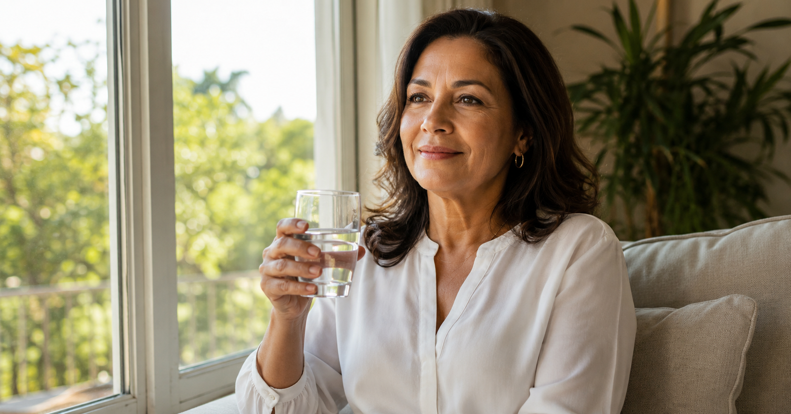 Cortisol Equilibrado en la Menopausia — Bienestar y Energía para Mujeres 50+ Mujer hispana de 50 años tranquila y equilibrada — resultado de manejar el cortisol en la menopausia