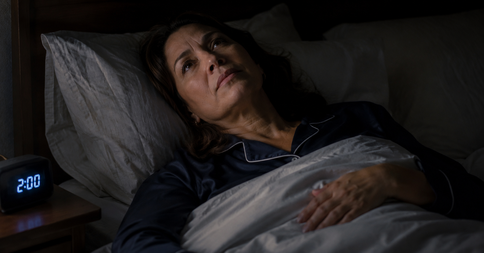 Insomnio y Cortisol en la Menopausia — Despertar a las 2am en Mujeres 50+ Mujer hispana de 50 años despierta a las 2am — insomnio por cortisol elevado en la menopausia
