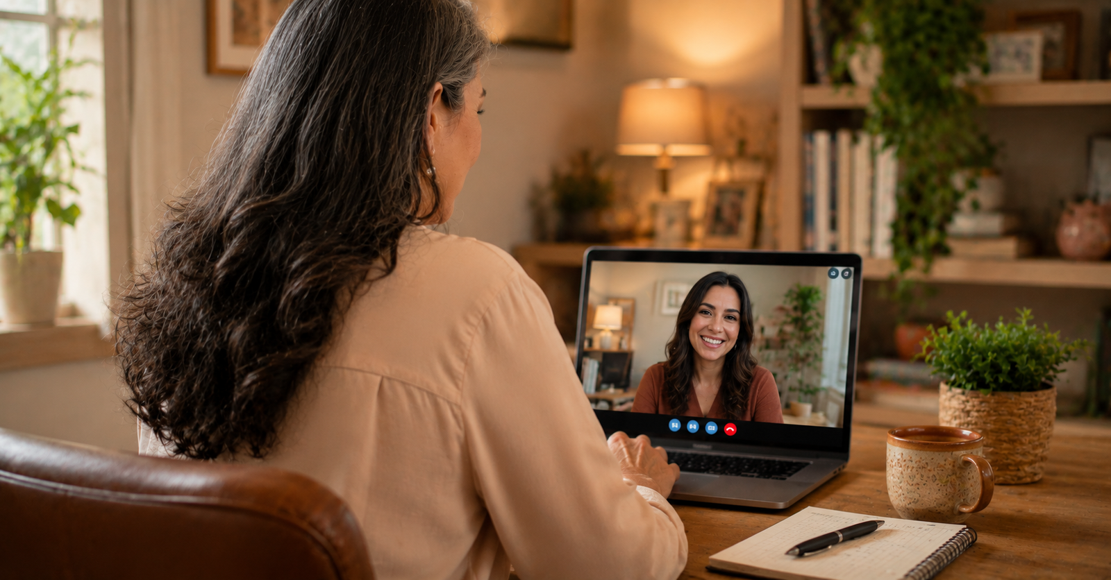 5 Formas de Generar Ingresos Extra Después de los 50 (Sin Necesitar Ahorros Grandes) Mujer latina de 50 años en sesión de consultoría freelance por videollamada desde su oficina en casa