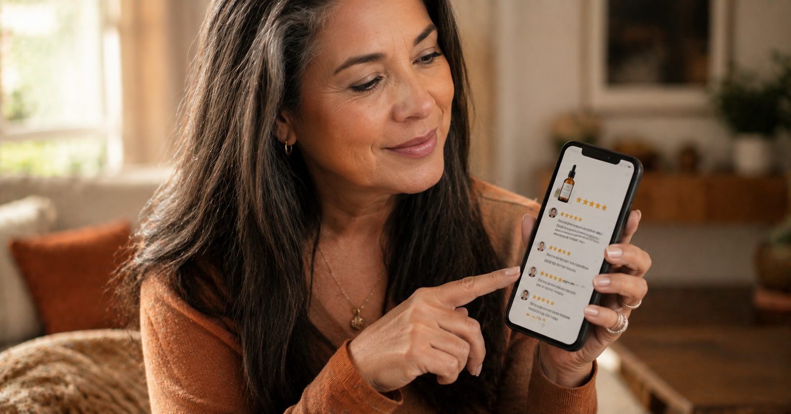 5 Formas de Generar Ingresos Extra Después de los 50 (Sin Necesitar Ahorros Grandes) Mujer latina de 50 años sosteniendo teléfono para recomendar productos como afiliada
