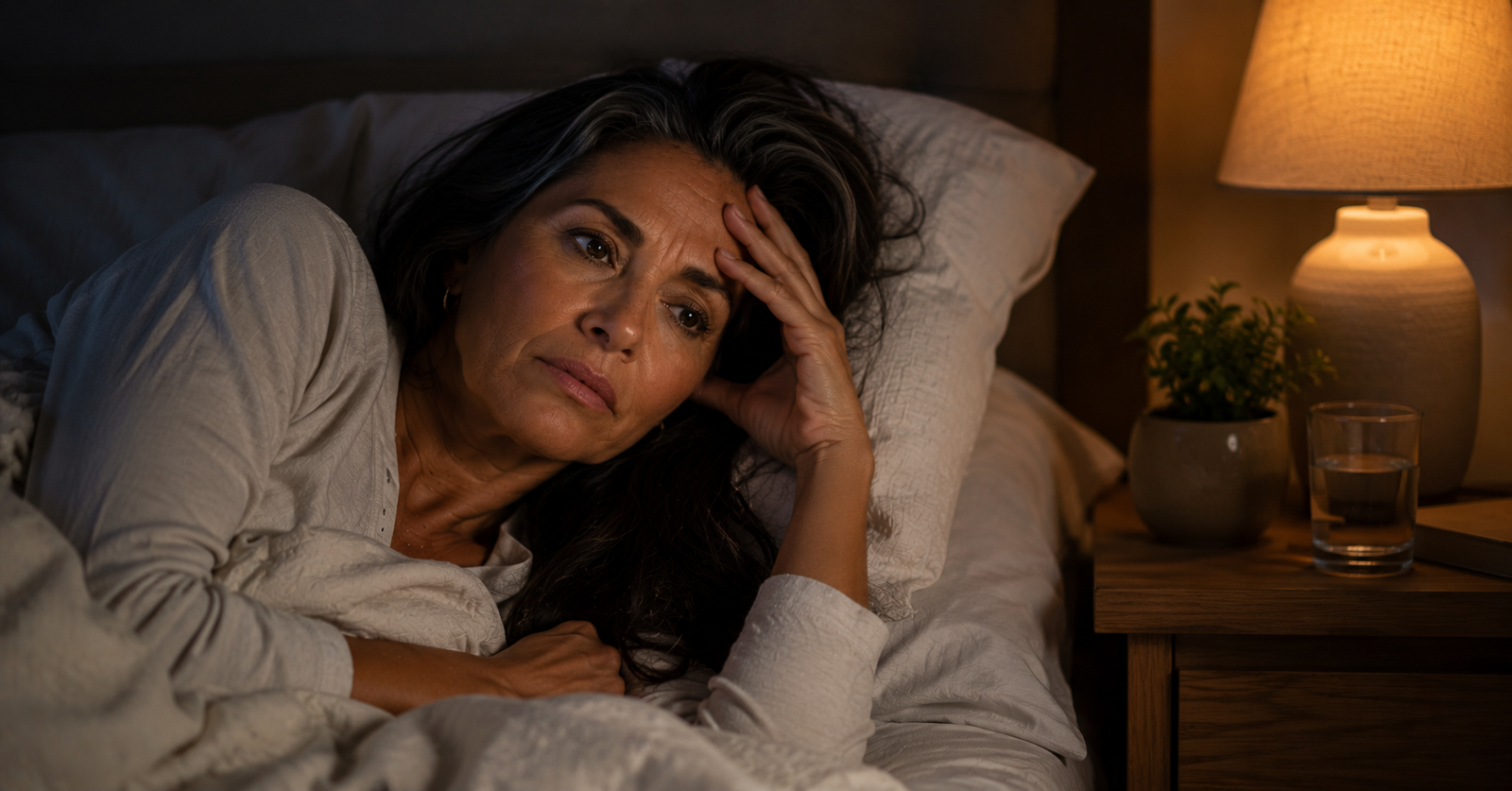 Menopausia: síntomas, sofocos y sueño — guía real para mujeres 50+ Mujer latina madura despierta en la noche con insomnio — sueño y menopausia