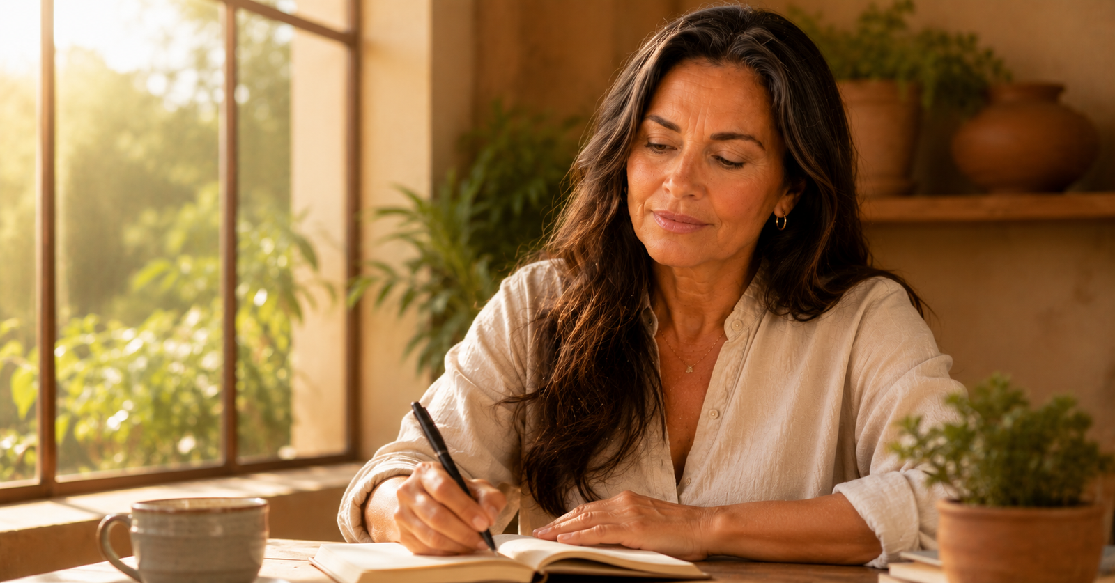 Menopausia: síntomas, sofocos y sueño — guía real para mujeres 50+ Mujer latina madura escribiendo en libreta — niebla mental y concentración en la menopausia