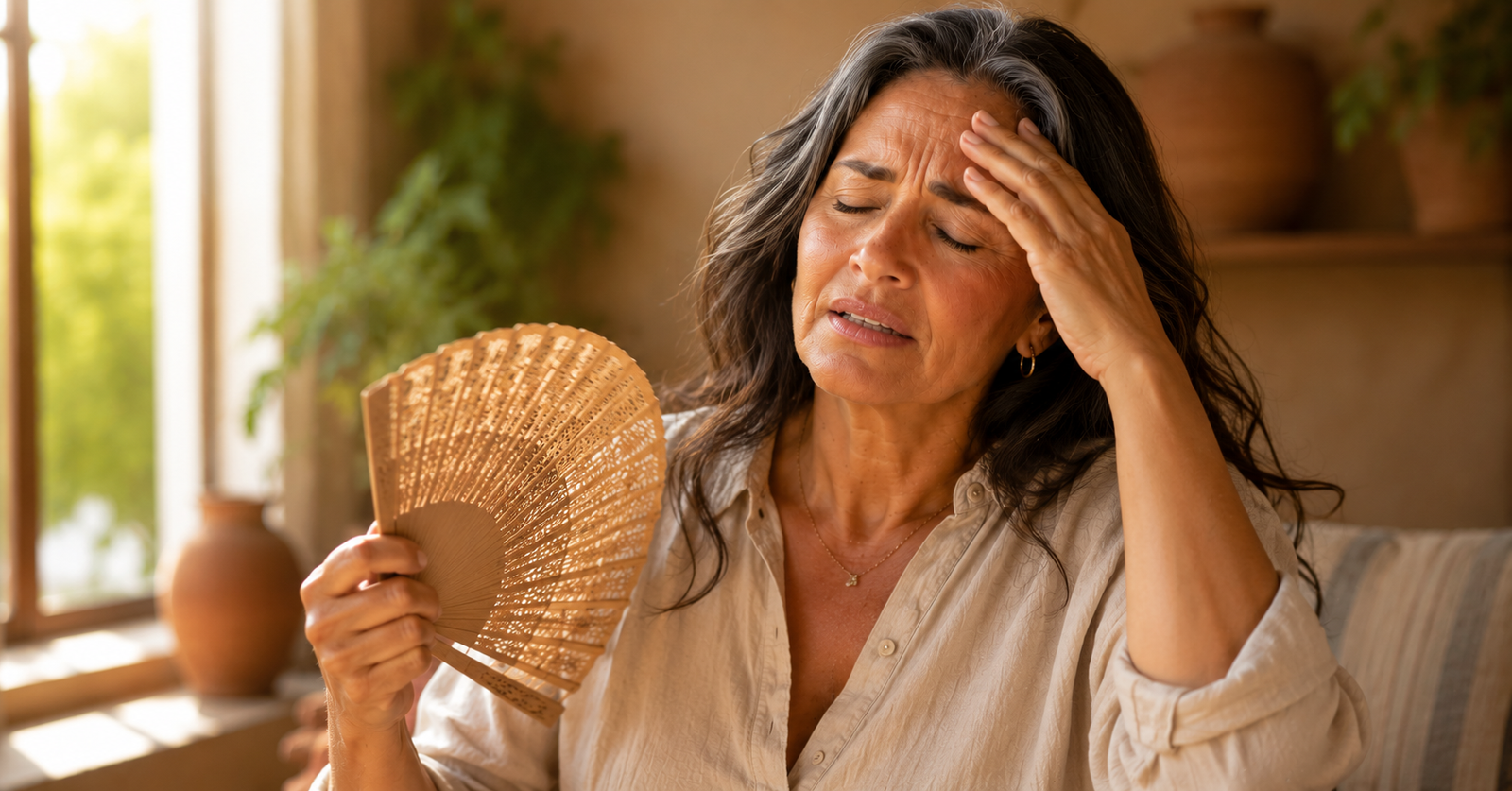 Menopausia: síntomas, sofocos y sueño — guía real para mujeres 50+ Mujer latina madura con sofoco usando abanico — síntomas menopausia