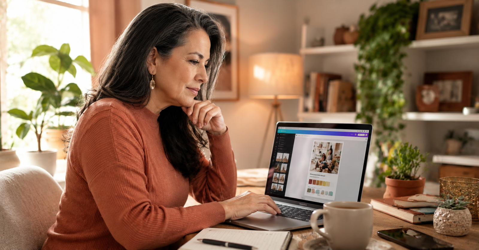 5 Formas de Generar Ingresos Extra Después de los 50 (Sin Necesitar Ahorros Grandes) Mujer de 50 años creando su primer producto digital en casa