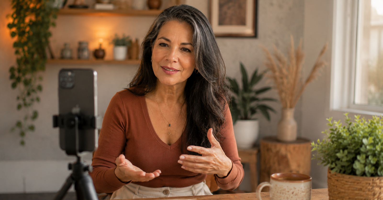 5 Formas de Generar Ingresos Extra Después de los 50 (Sin Necesitar Ahorros Grandes) Mujer latina de 50 años grabando un reel para monetizar sus redes sociales desde casa