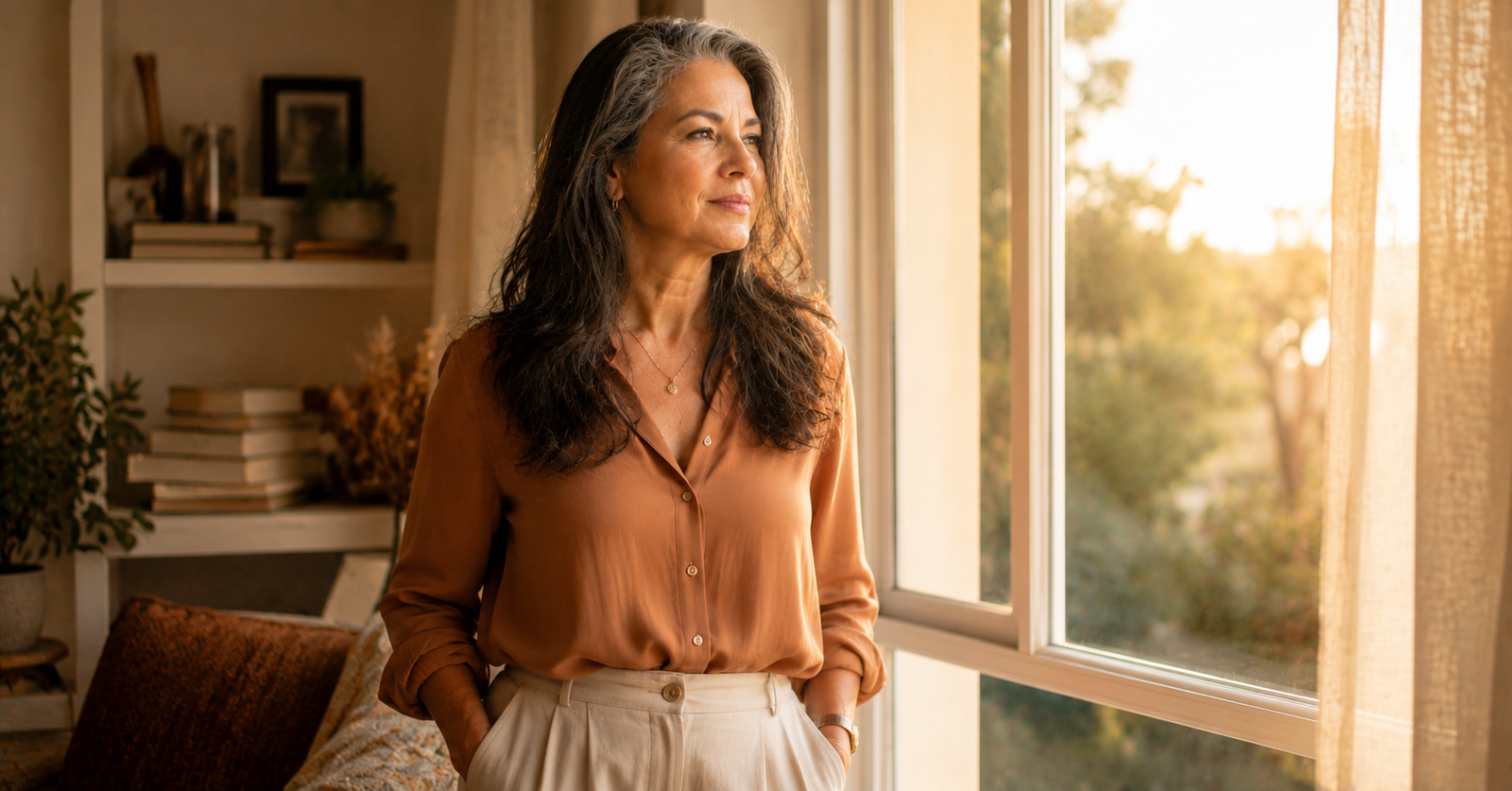 5 Formas de Generar Ingresos Extra Después de los 50 (Sin Necesitar Ahorros Grandes) Mujer de 50 años mirando al horizonte, lista para reinventarse y generar ingresos extra