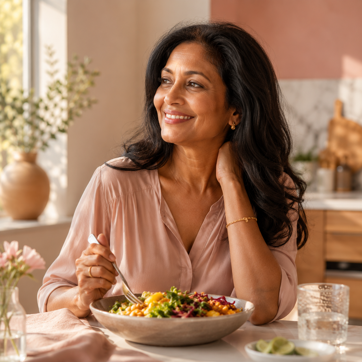 Mujer de 50 años disfrutando un plato de comida saludable y colorida en su cocina, bienestar integral y hábitos saludables