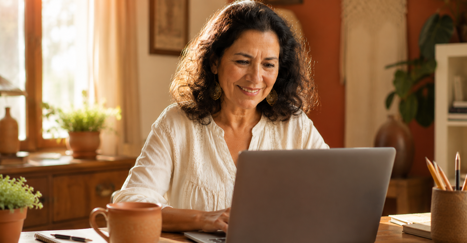 Mujer de 50 años satisfecha revisando su presupuesto ya organizado en su laptop