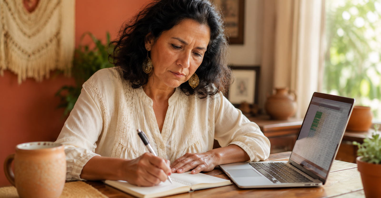 Mujer de 50 años organizando categorías de gastos en su libreta y laptop
