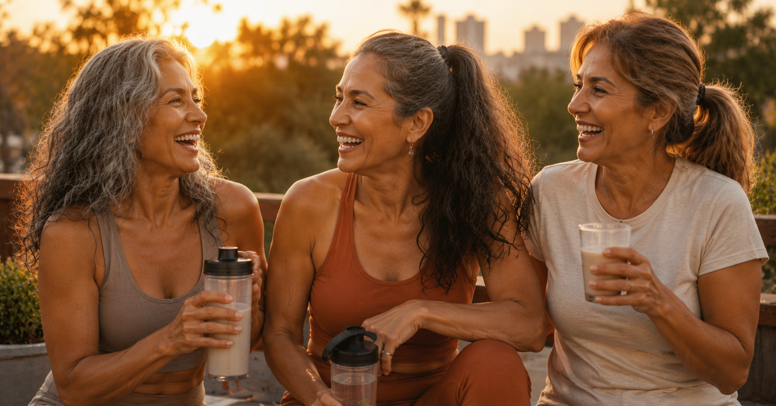 Grupo de mujeres 50+ riendo juntas al aire libre disfrutando de su rutina de bienestar