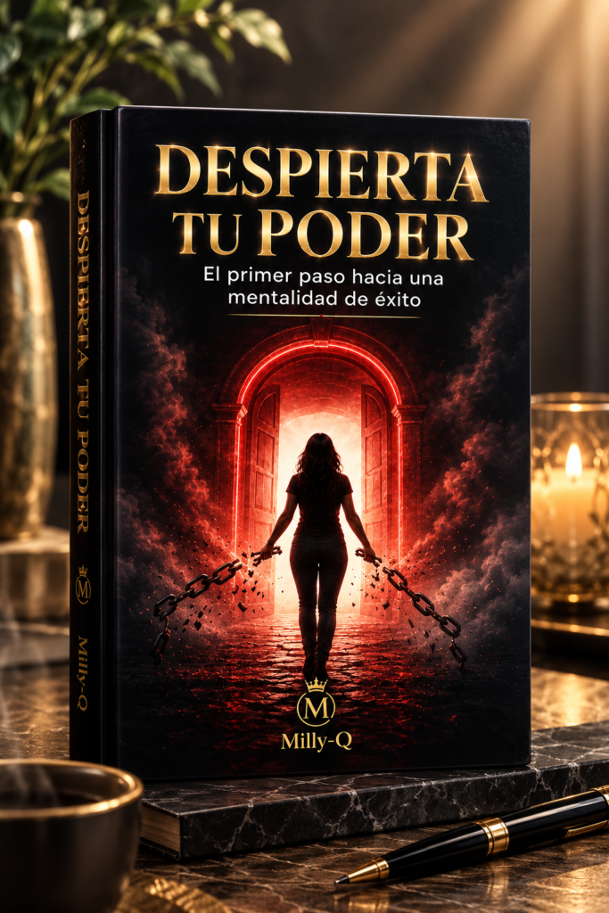Mockup del libro Despierta Tu Poder de Milagros Quiñones, una guía de crecimiento personal y desarrollo de una mentalidad de éxito para fortalecer la confianza, romper creencias limitantes y alcanzar el máximo potencial.