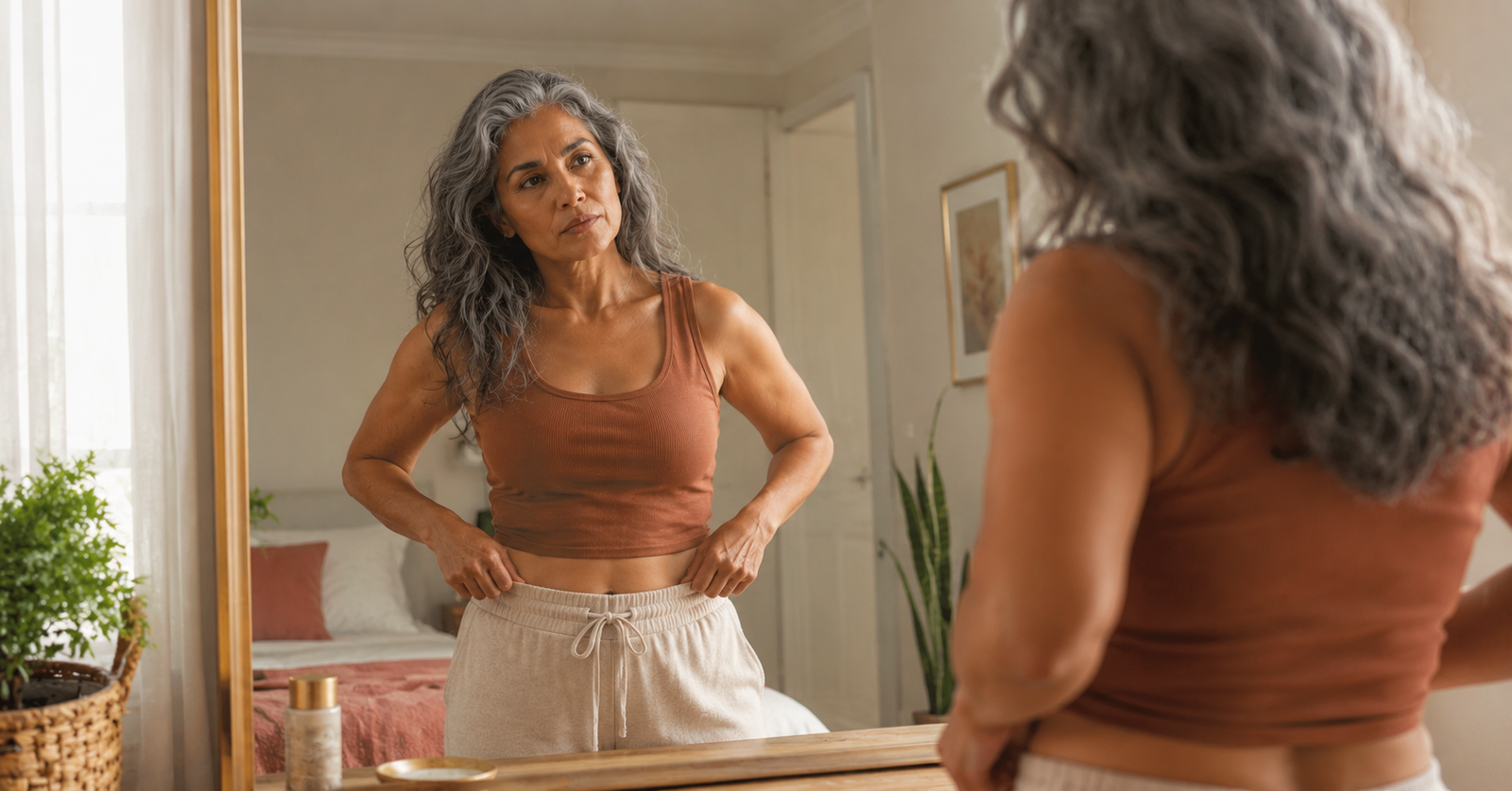 Mujer de 50 años observando los cambios de su cuerpo frente al espejo durante la menopausia