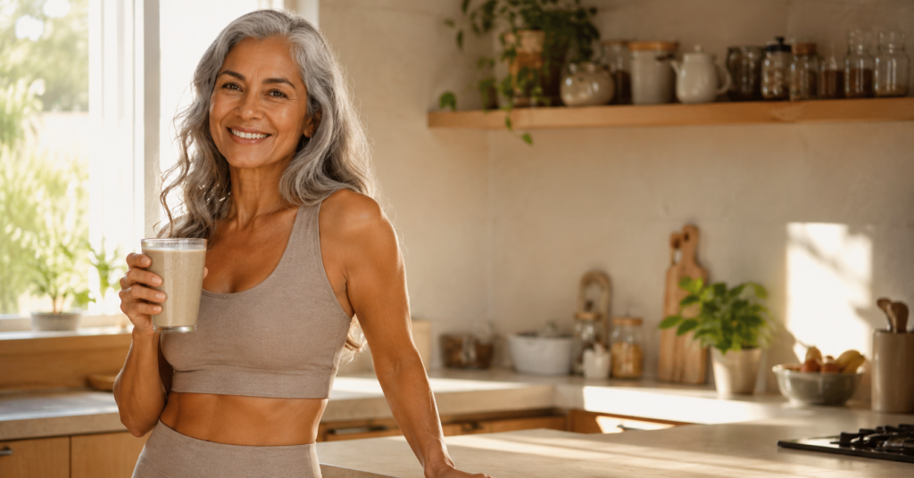 Mujer de 50 años sonriendo con batido de proteína en la cocina, ejemplo de pérdida de peso saludable en la menopausia