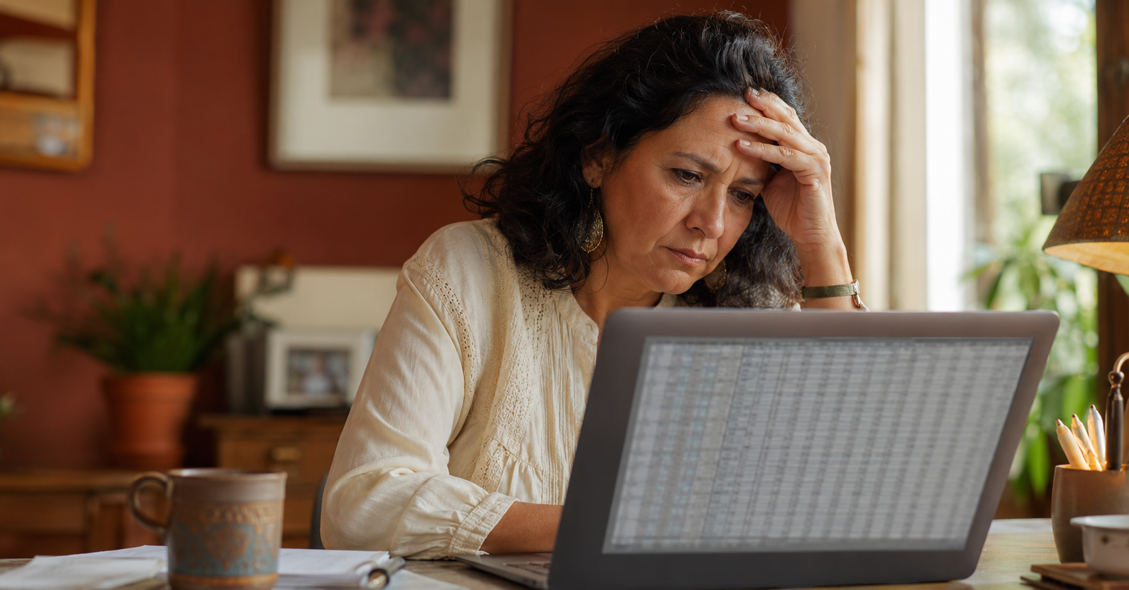 Mujer de 50 años frustrada frente a una hoja de cálculo complicada en su laptop
