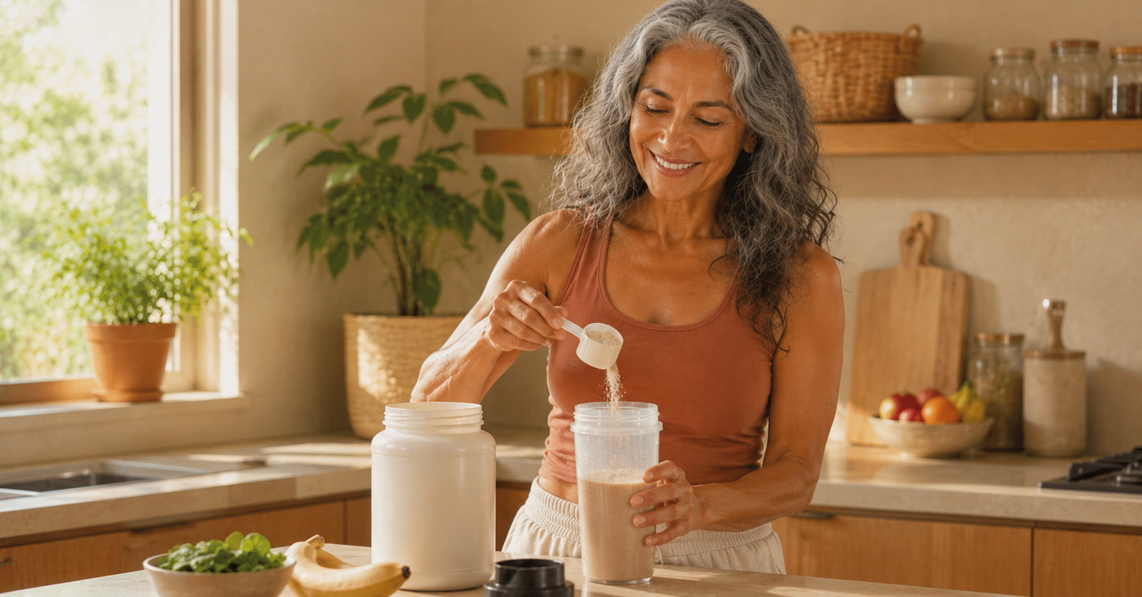 Mujer de 50 años preparando un batido de proteína en su cocina como parte de su rutina en la menopausia