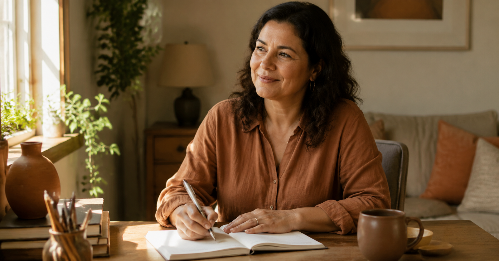 Mujer de 50 años organizando con calma sus síntomas de menopausia o tiroides