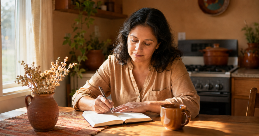 Mujer de 40+ años anotando sus síntomas para saber si es menopausia o tiroides