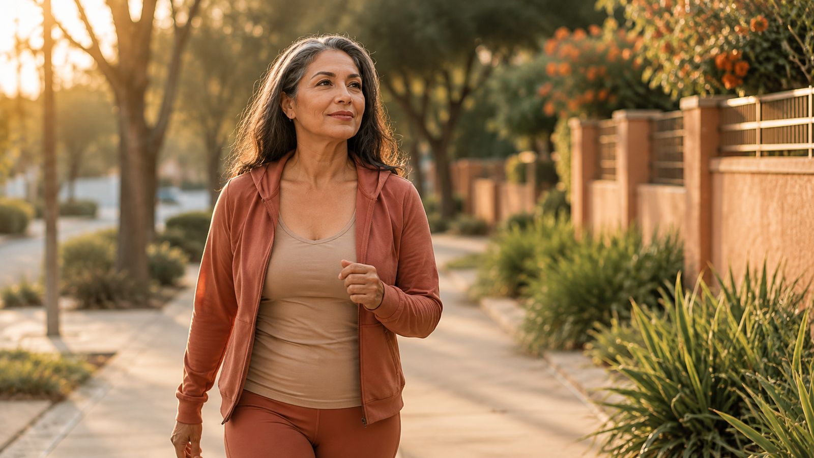 Mujer de 50 años caminando al aire libre practicando respiración consciente en la mañana