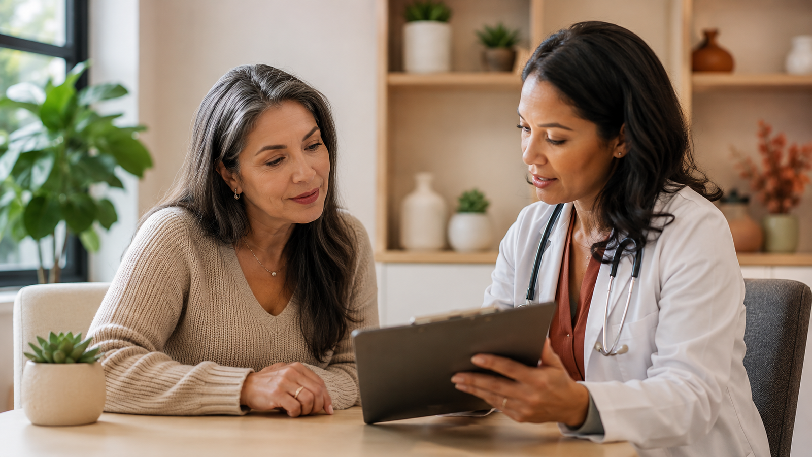 Mujer de 50 años revisando resultados de laboratorio cardiovascular con su médica