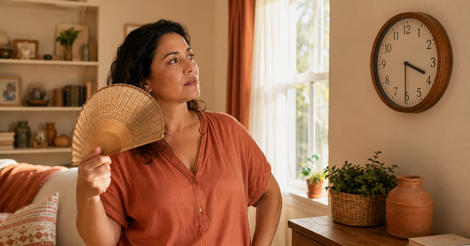 Mujer de 50 años sintiendo un sofoco típico de la menopausia